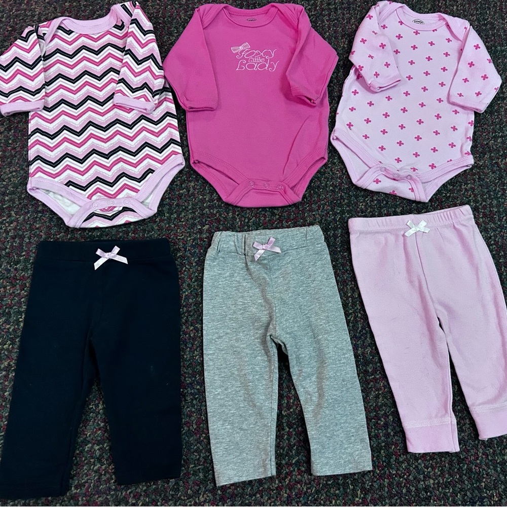 Lovable friends brand. 
0-3m Onesies and pants  
3  Onesies. 
3 Pants